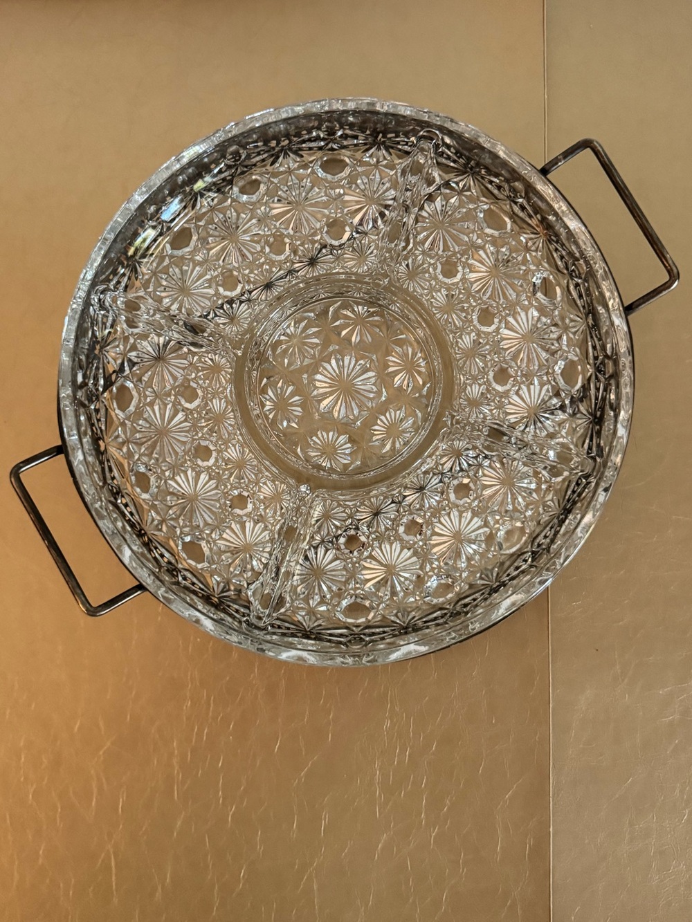 Vintage Indiana Glass Crystal Serving Tray in Silver-Plated Holder